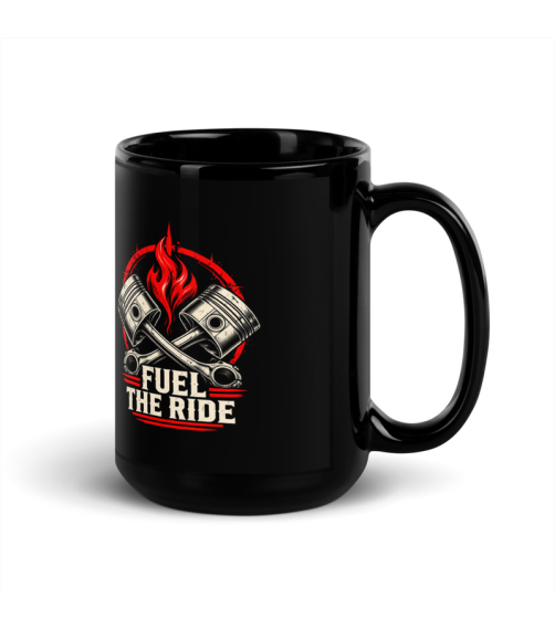 Black 15 oz mug with crossed pistons, a red flame and cream Fuel the Ride lettering.
