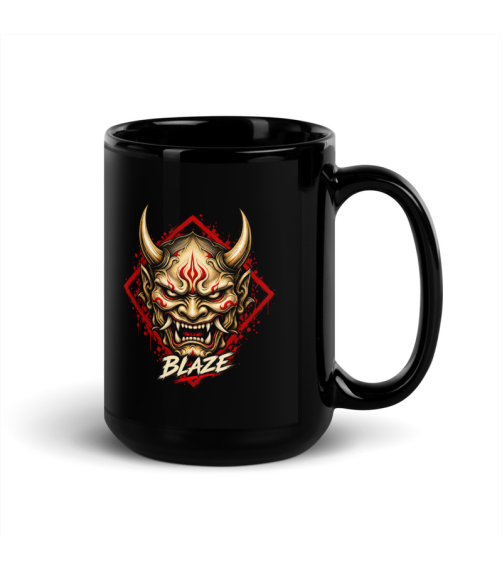 Black 15 oz mug with a gold-toned Hannya mask, ivory horns, red markings and Blaze lettering.